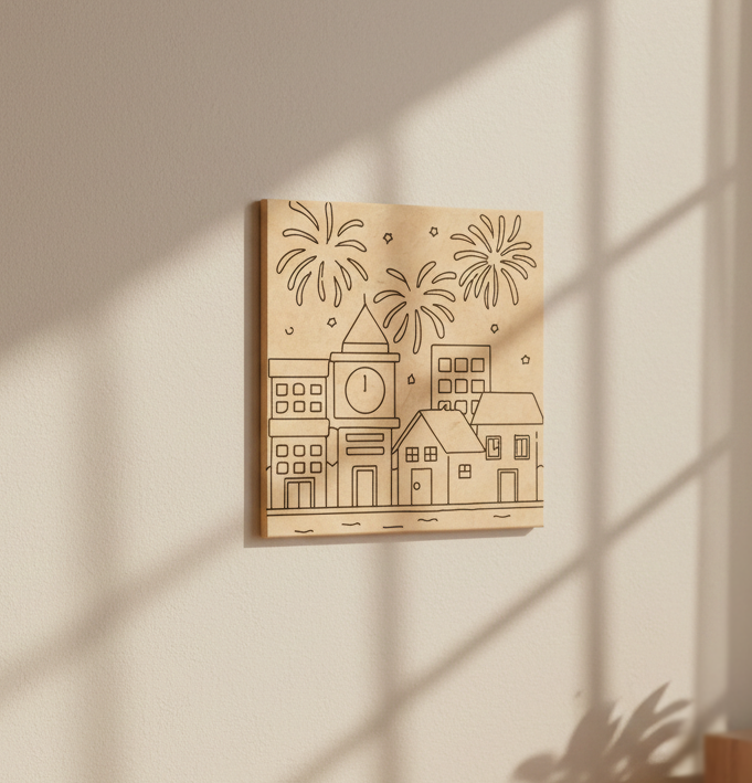 MDF Diwali City Lights Festival Canvas DIY Painting Board featuring cityscape and fireworks design for festive, mounted on wall