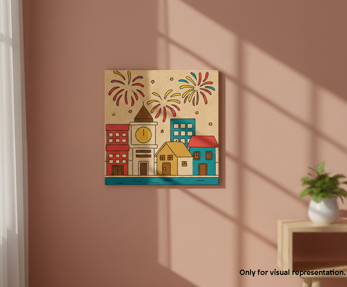 Pained MDF Diwali City Lights Festival Canvas DIY Painting Board featuring cityscape and fireworks design for festive, mounted on wall