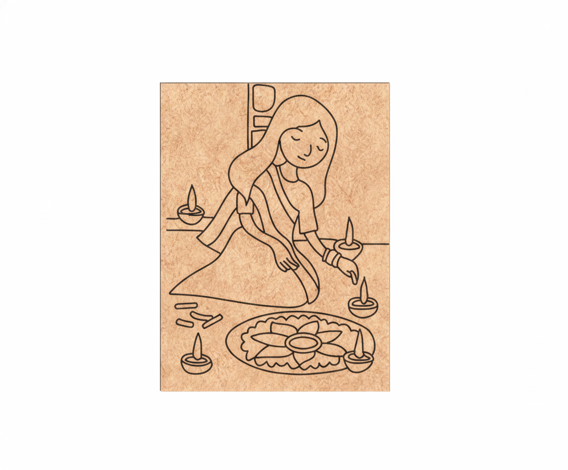 MDF Diwali Rangoli Festival Canvas DIY Painting Board showing girl making rangoli with diyas for festive craft and decoration