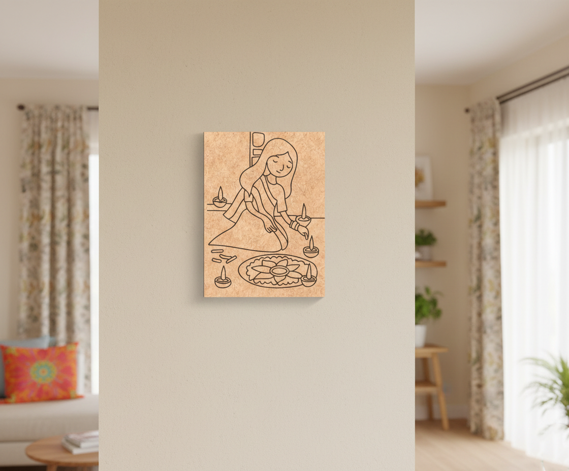 MDF Diwali Rangoli Festival Canvas DIY Painting Board showing girl making rangoli with diyas for festive craft and decoration, mounted on wall