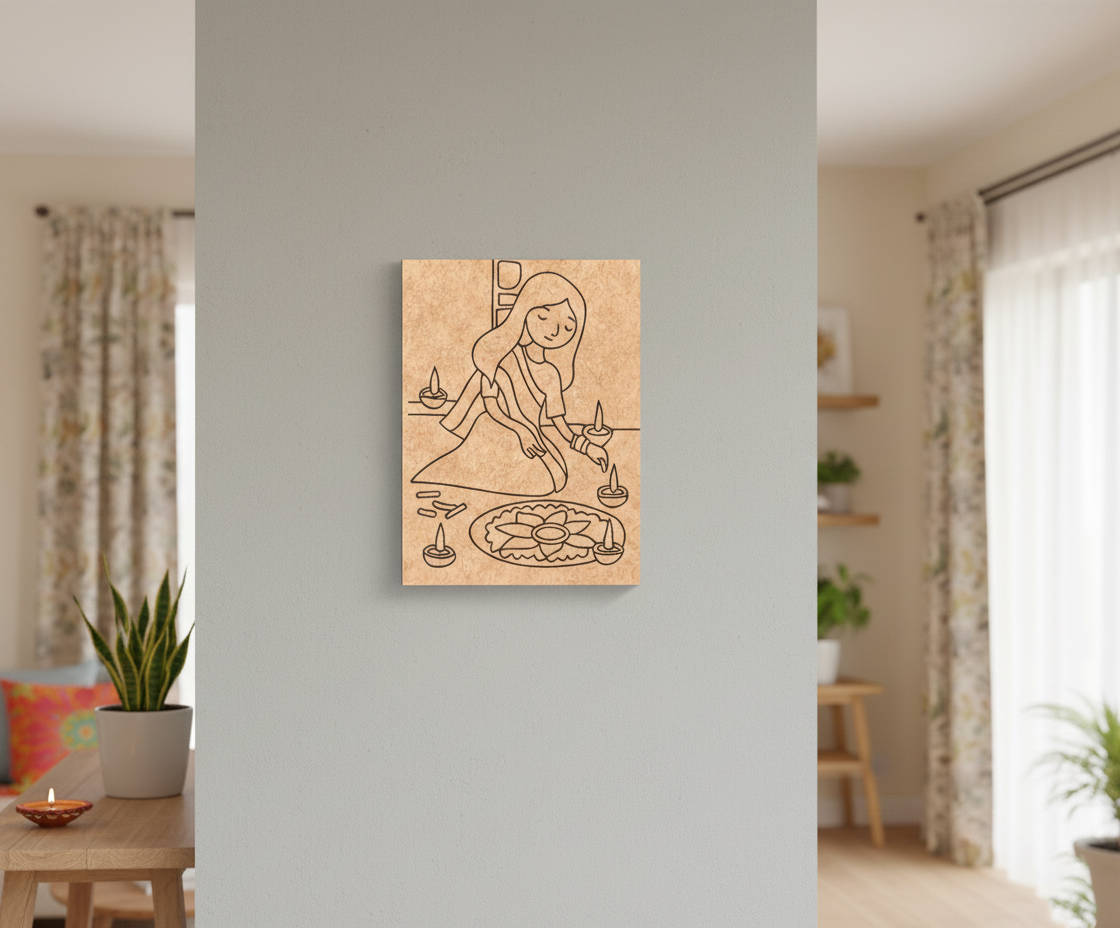 MDF Diwali Rangoli Festival Canvas DIY Painting Board showing girl making rangoli with diyas for festive craft and decoration, mounted on pillar
