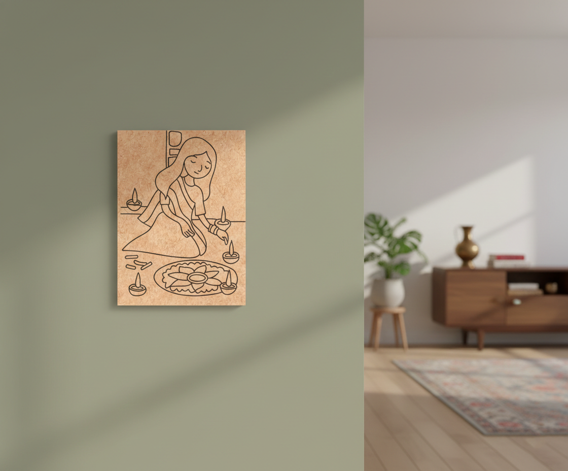 MDF Diwali Rangoli Festival Canvas DIY Painting Board showing girl making rangoli with diyas for festive craft and decoration, mounted on wall
