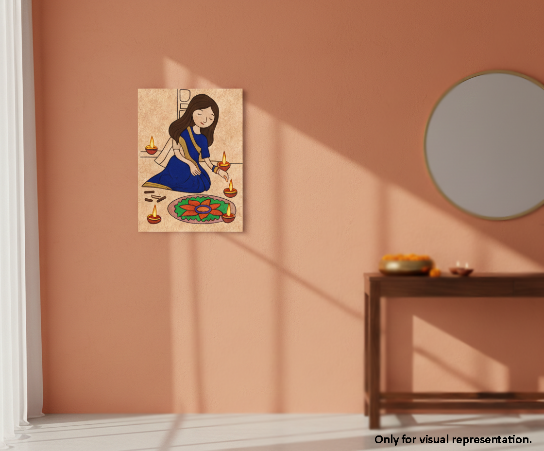 Painted MDF Diwali Rangoli Festival Canvas DIY Painting Board showing girl making rangoli with diyas for festive craft and decoration, mounted on wall