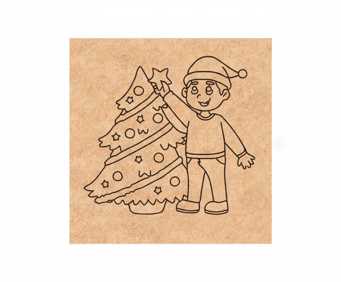 MDF Christmas Tree Festival Canvas DIY Painting Board showing child decorating Christmas tree for festive craft and decoration
