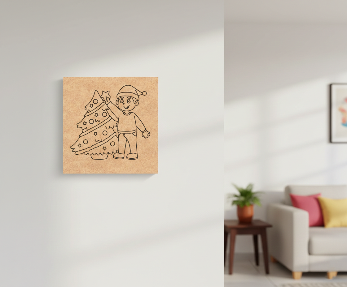 MDF Christmas Tree Festival Canvas DIY Painting Board showing child decorating Christmas tree for festive craft and decoration, mounted on wall