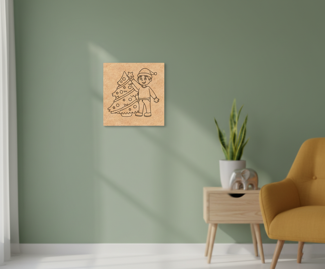 MDF Christmas Tree Festival Canvas DIY Painting Board showing child decorating Christmas tree for festive craft and decoration, mounted on wall