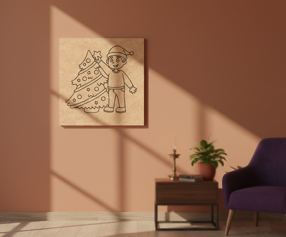 MDF Christmas Tree Festival Canvas DIY Painting Board showing child decorating Christmas tree for festive craft and decoration, mounted on wall