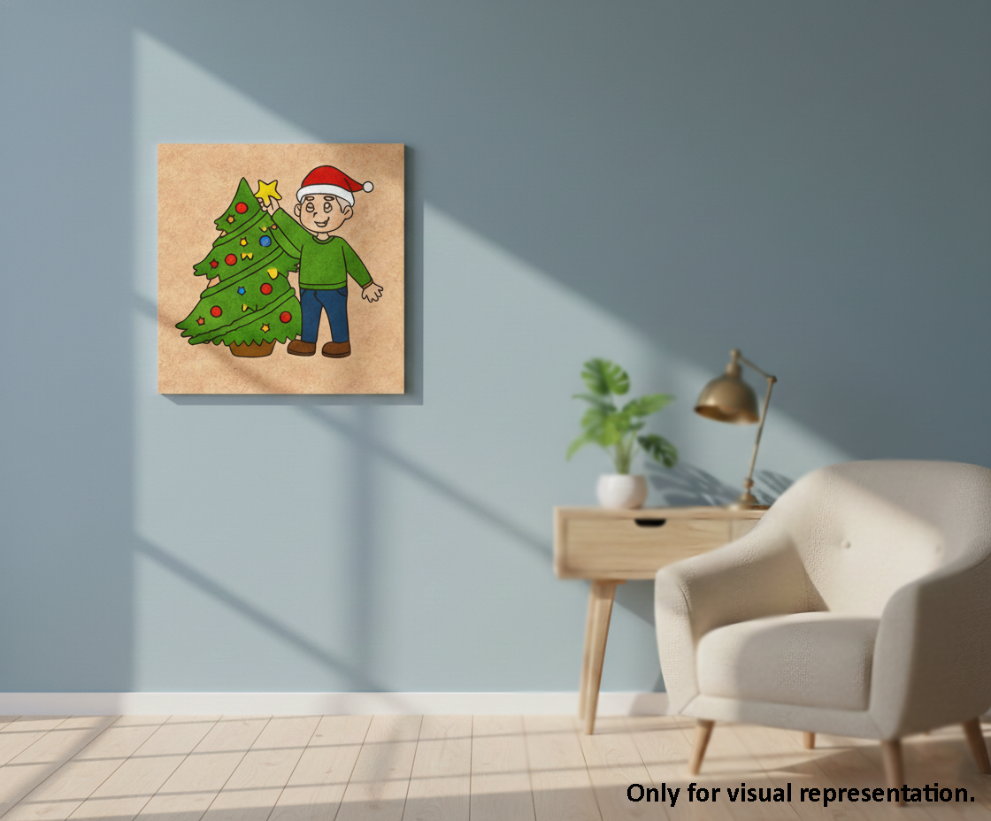 Painted MDF Christmas Tree Festival Canvas DIY Painting Board showing child decorating Christmas tree for festive craft and decoration, mounted on wall