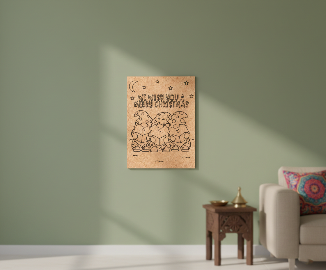 MDF Christmas Carol Festival Canvas DIY Painting Board with gnomes and We Wish You A Merry Christmas text for festive craft, mounted on wall