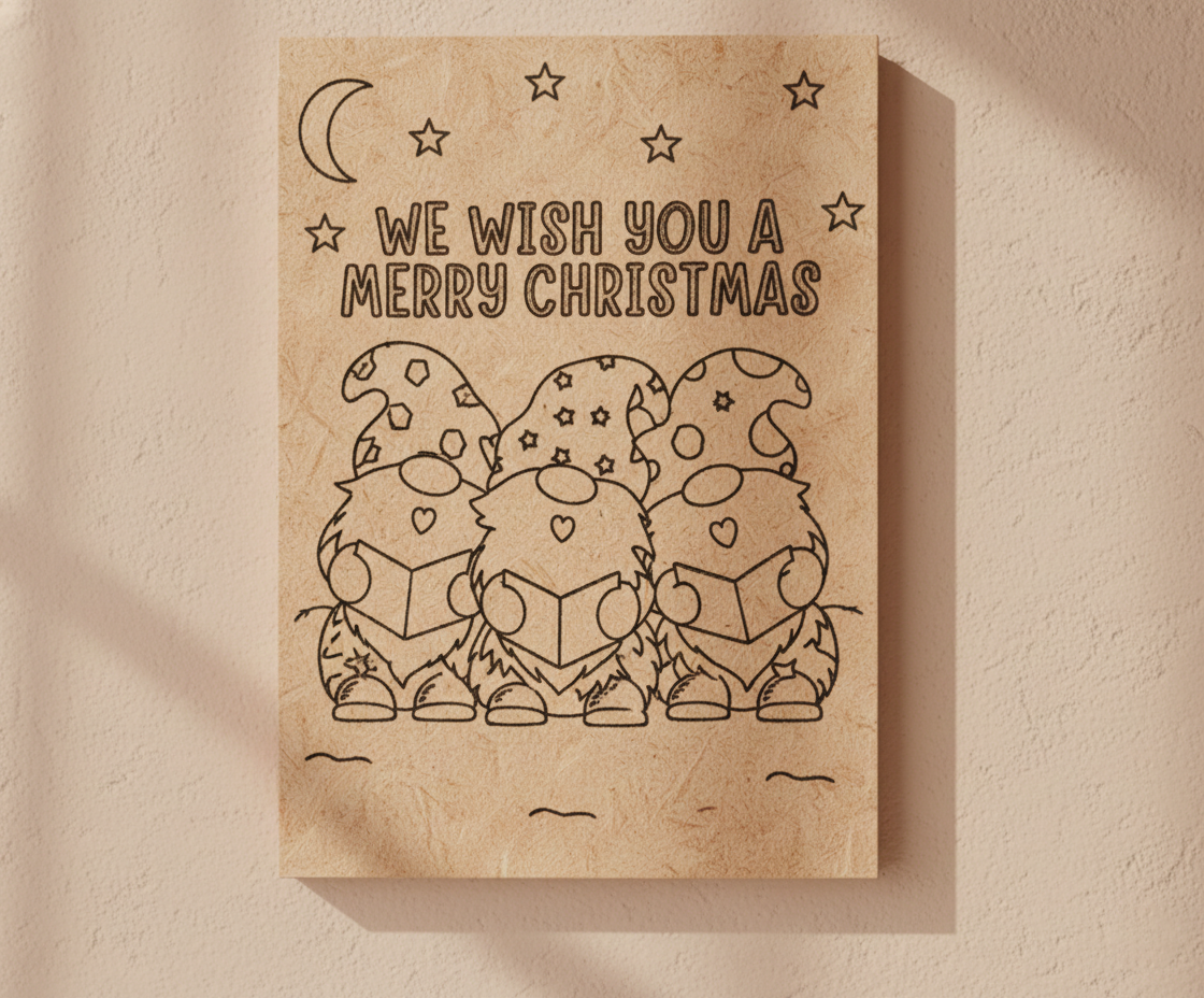 MDF Christmas Carol Festival Canvas DIY Painting Board with gnomes and We Wish You A Merry Christmas text for festive craft, mounted on wall