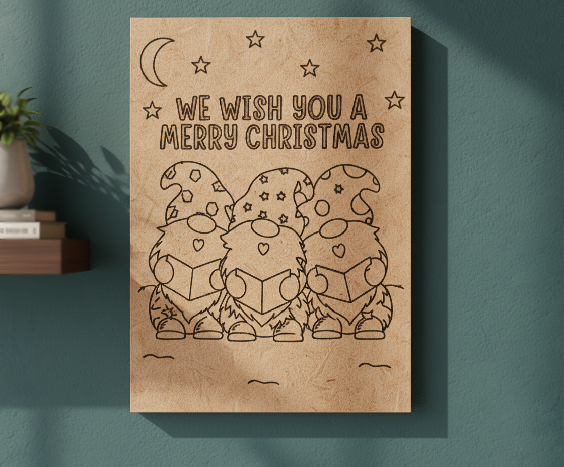 MDF Christmas Carol Festival Canvas DIY Painting Board with gnomes and We Wish You A Merry Christmas text for festive craft, mounted on wall