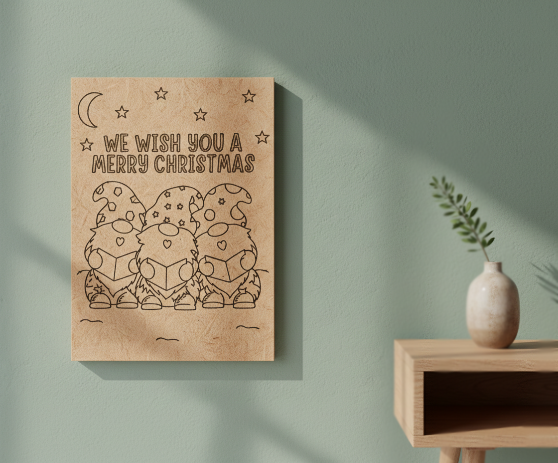 MDF Christmas Carol Festival Canvas DIY Painting Board with gnomes and We Wish You A Merry Christmas text for festive craft, mounted on wall