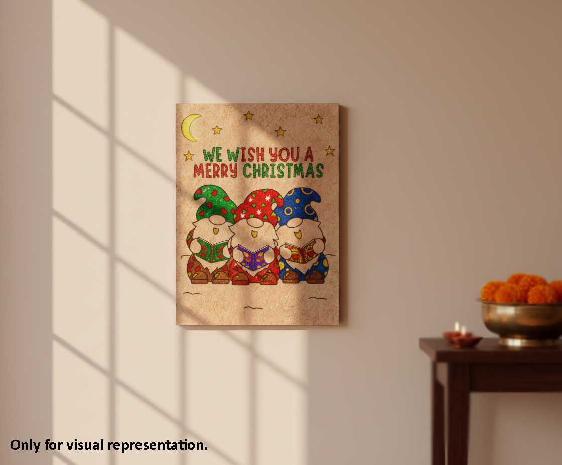 Painted MDF Christmas Carol Festival Canvas DIY Painting Board with gnomes and We Wish You A Merry Christmas text for festive craft, mounted on wall