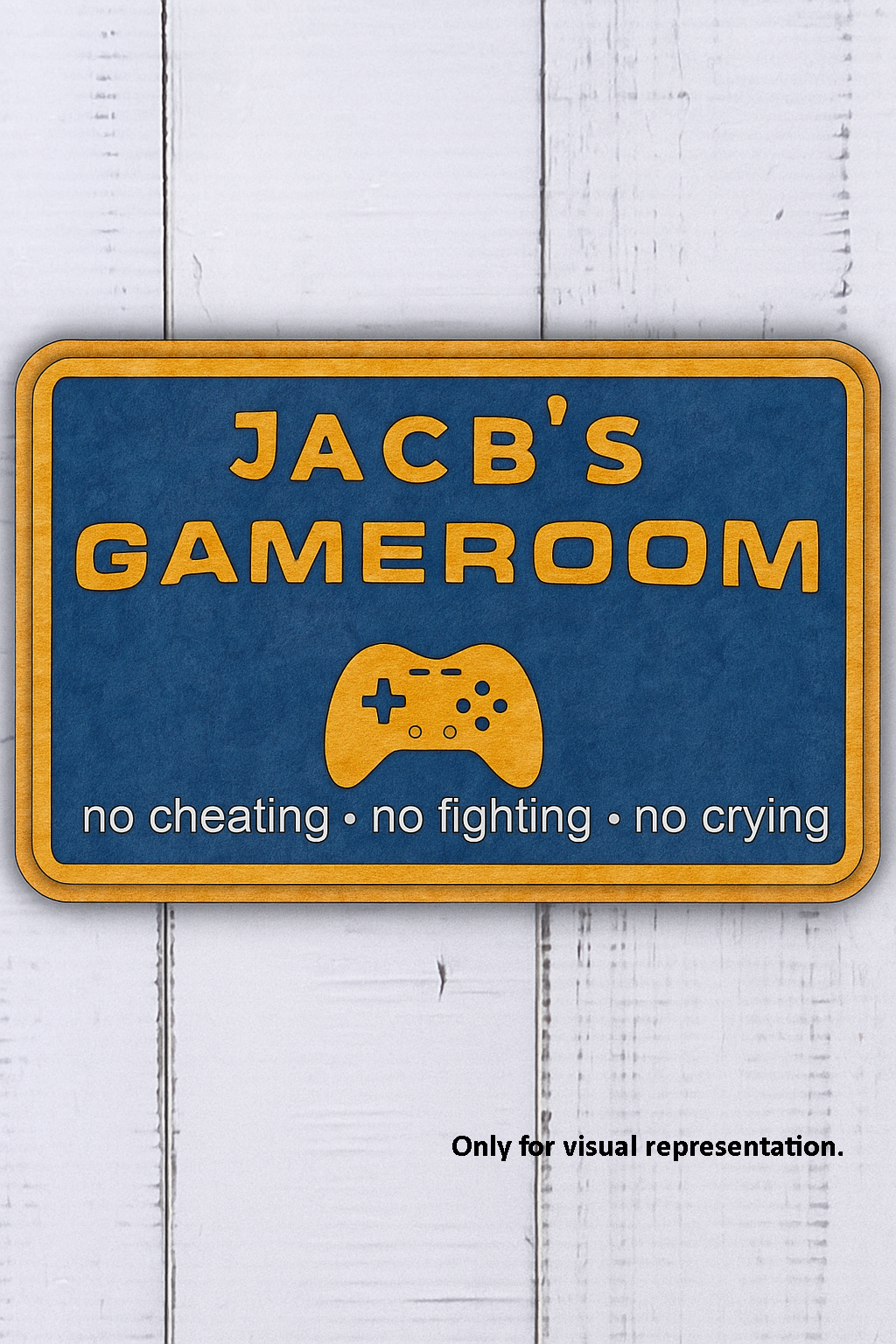 Blue and gold painted MDF Gamer Room wall plaque with no cheating, no fighting, no crying text