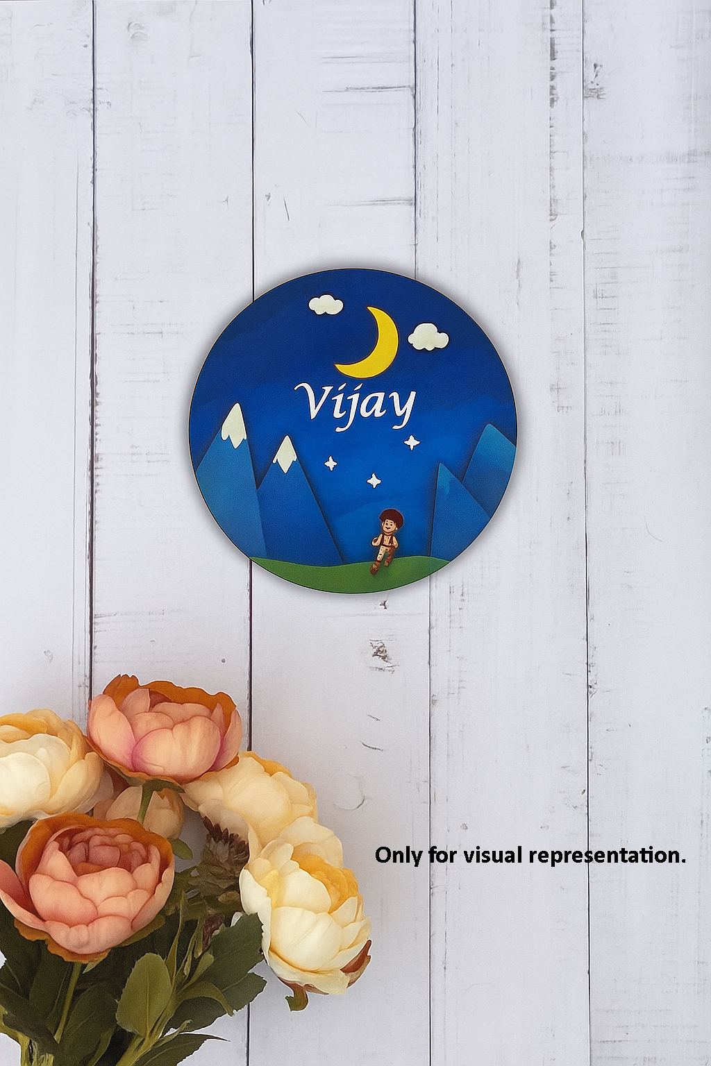 Personalized MDF kids name plate with moon and mountain theme – custom name Vijay