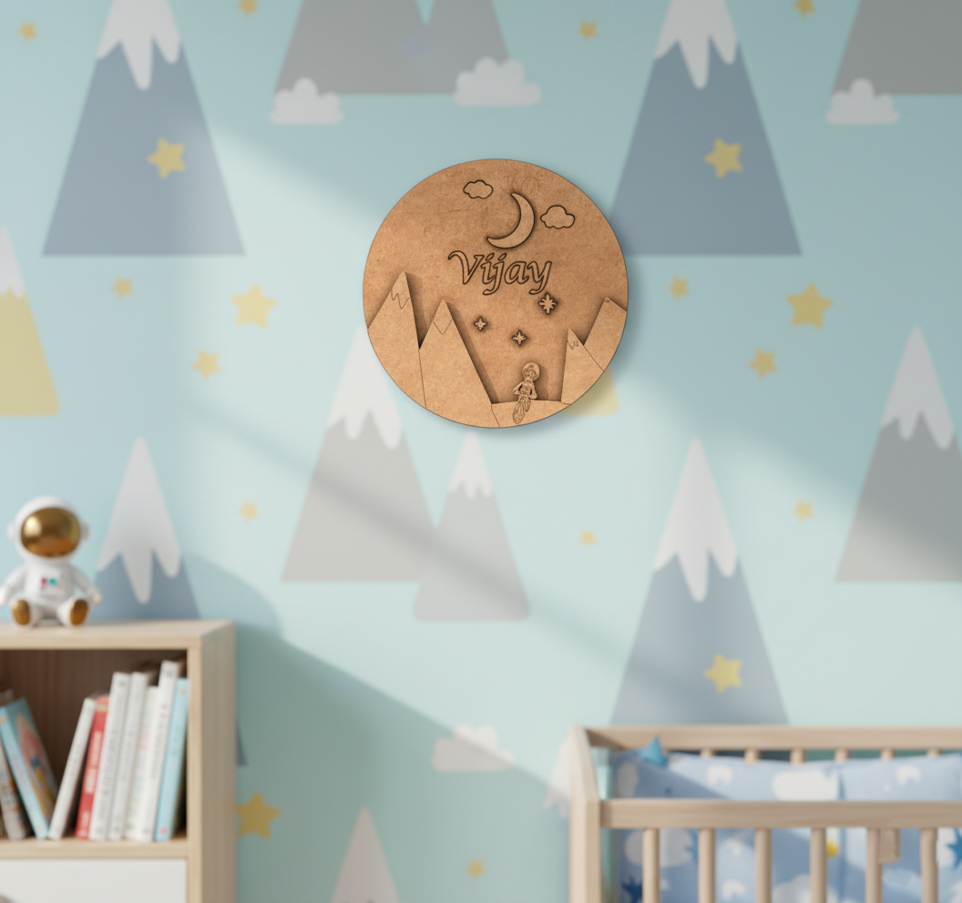 Custom MDF wall décor for kids with night sky, stars, and cartoon boy.