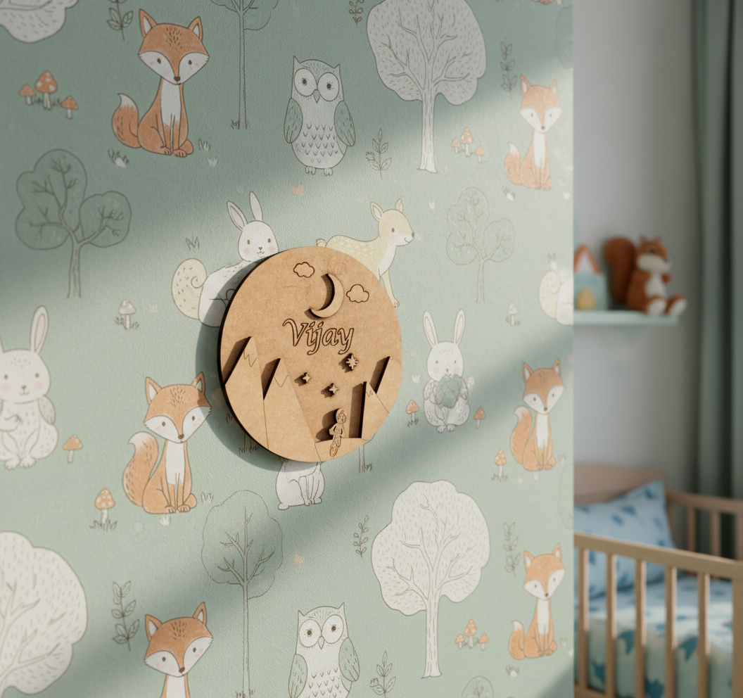 Custom MDF wall décor for kids with night sky, stars, and cartoon boy.