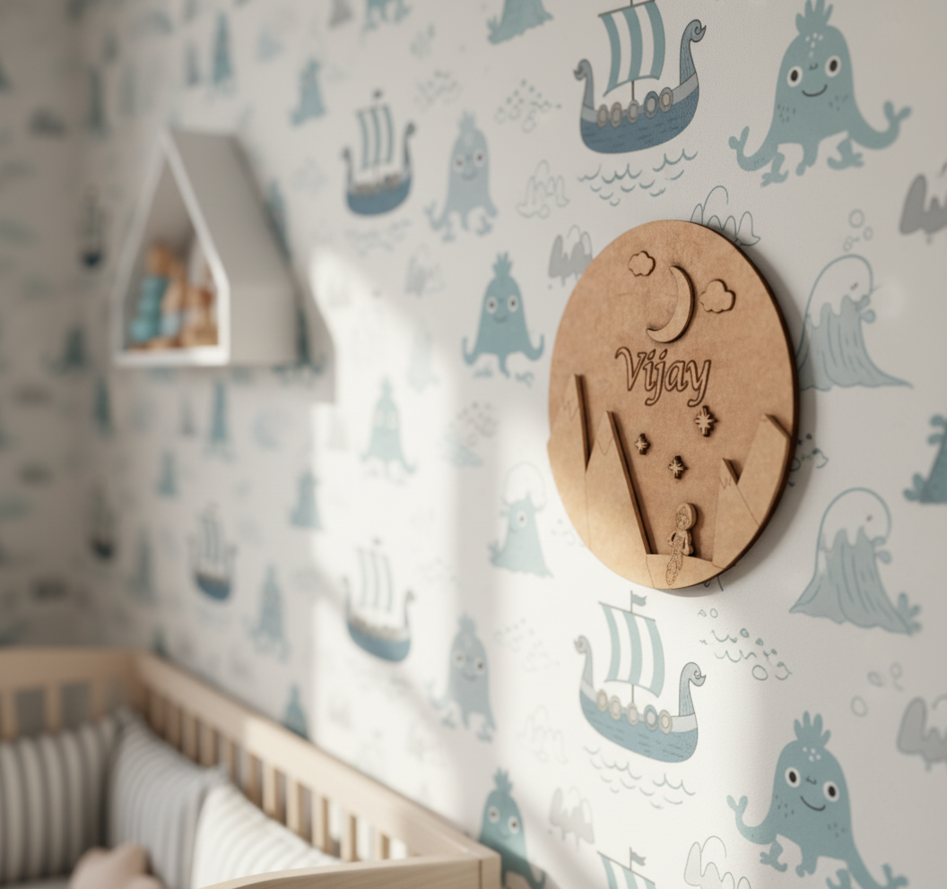 Custom MDF wall décor for kids with night sky, stars, and cartoon boy.