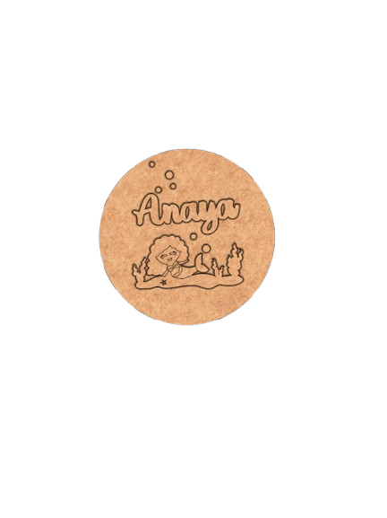 Raw MDF engraved round kids name plate with mermaid theme design, customizable for children’s room wall décor.