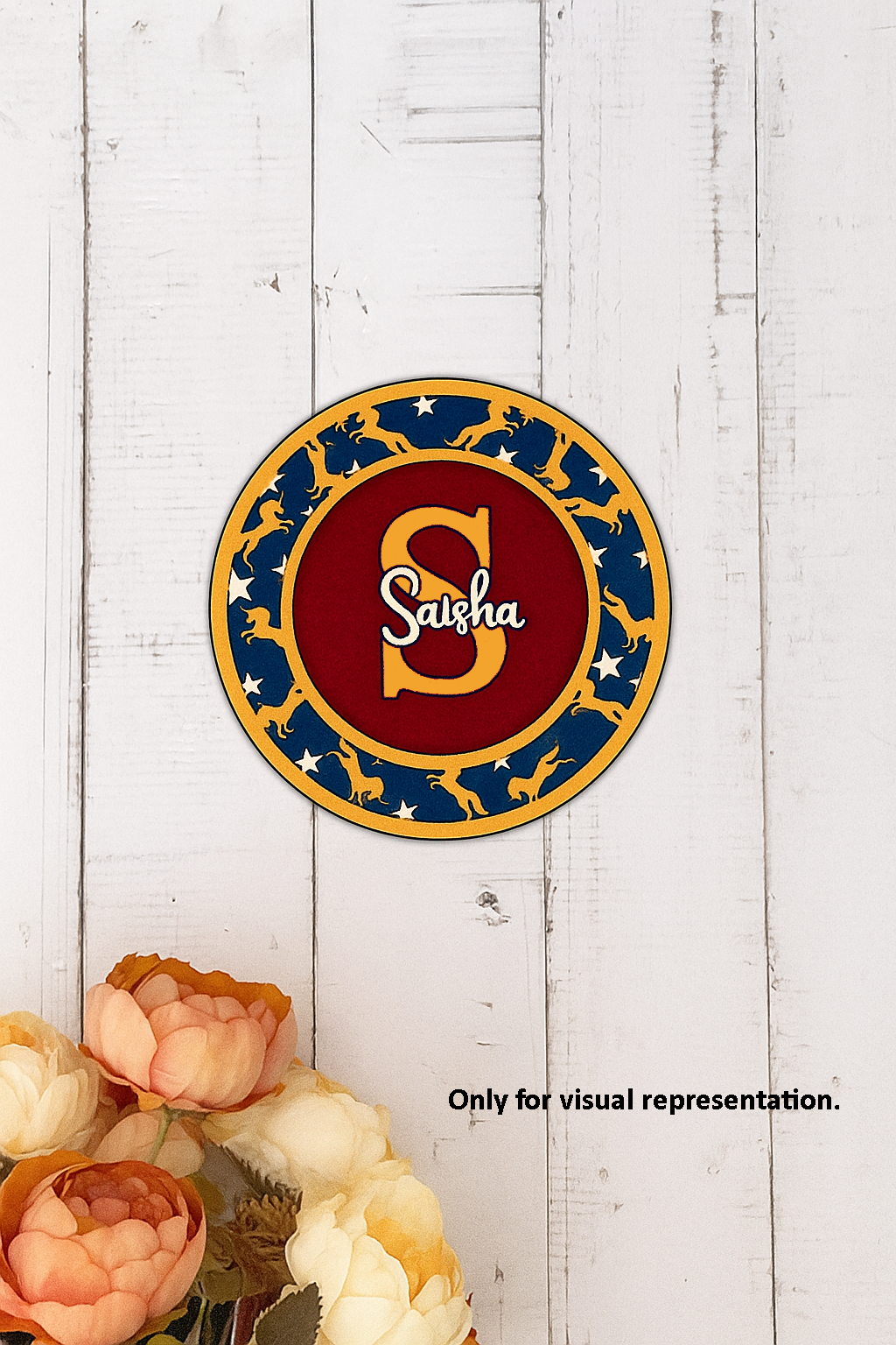 Personalized MDF round name plate with “Sasha” text and custom initial design on floral background