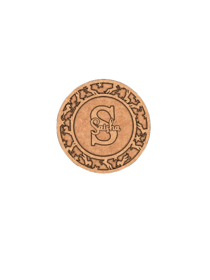 Raw MDF round name plate with engraved “Sasha” design and animal motif border