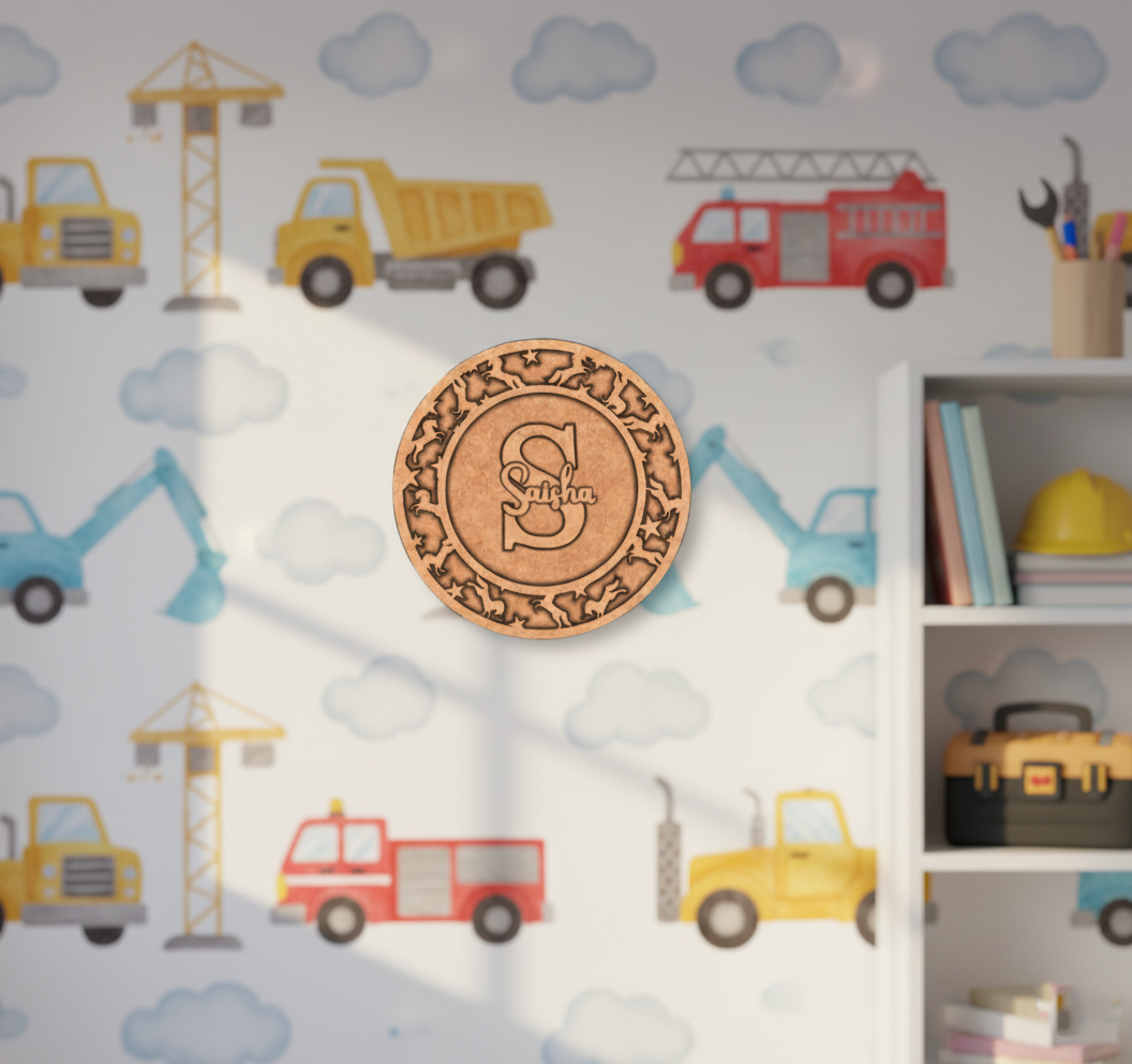 Raw MDF round name plate with engraved “Sasha” design and animal motif border.