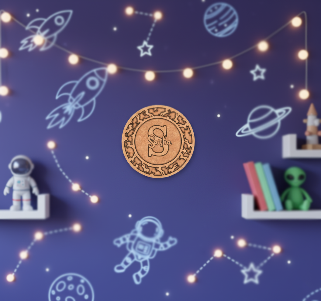 Raw MDF round name plate with engraved “Sasha” design and animal motif border