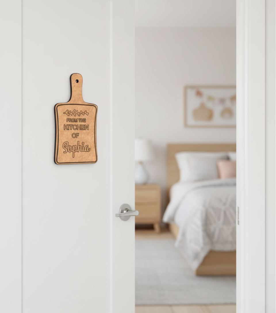 Engraved MDF name plate shaped like chopping board with custom name Sophia.
