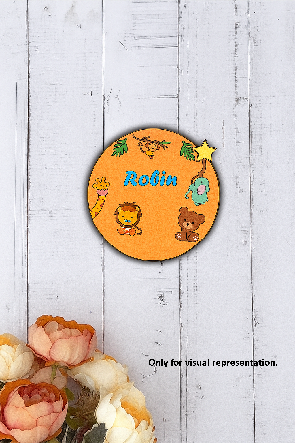 Personalized MDF kids name plate with jungle theme animals and star
