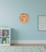 Personalized MDF kids name plate with jungle theme animals and star unpainted.