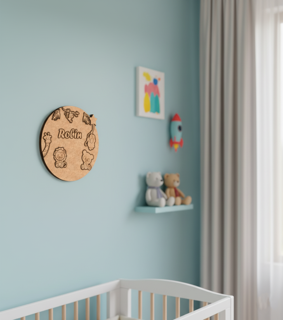 Personalized MDF kids name plate with jungle theme animals and star unpainted.
