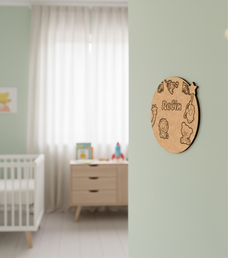 Personalized MDF kids name plate with jungle theme animals and star unpainted.