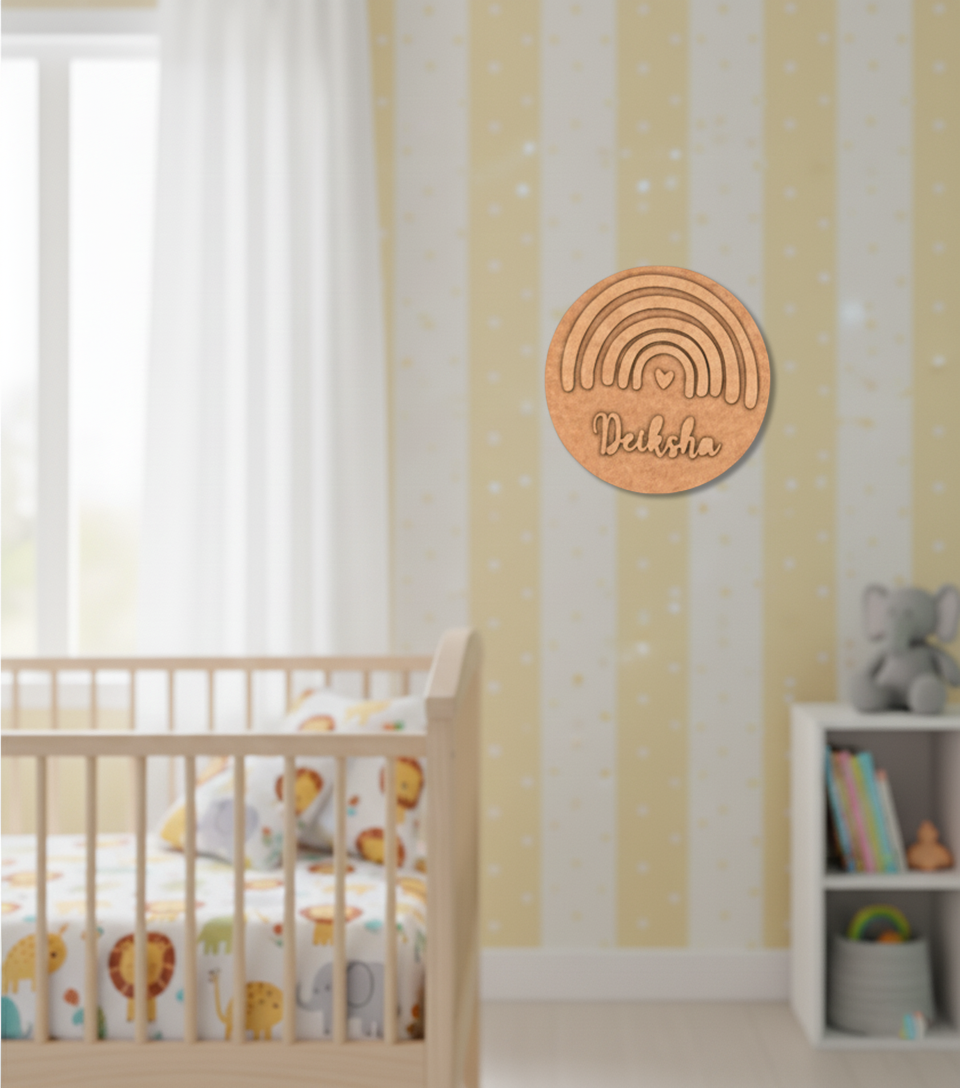 Unfinished MDF rainbow name plate DIY craft base with name engraving.