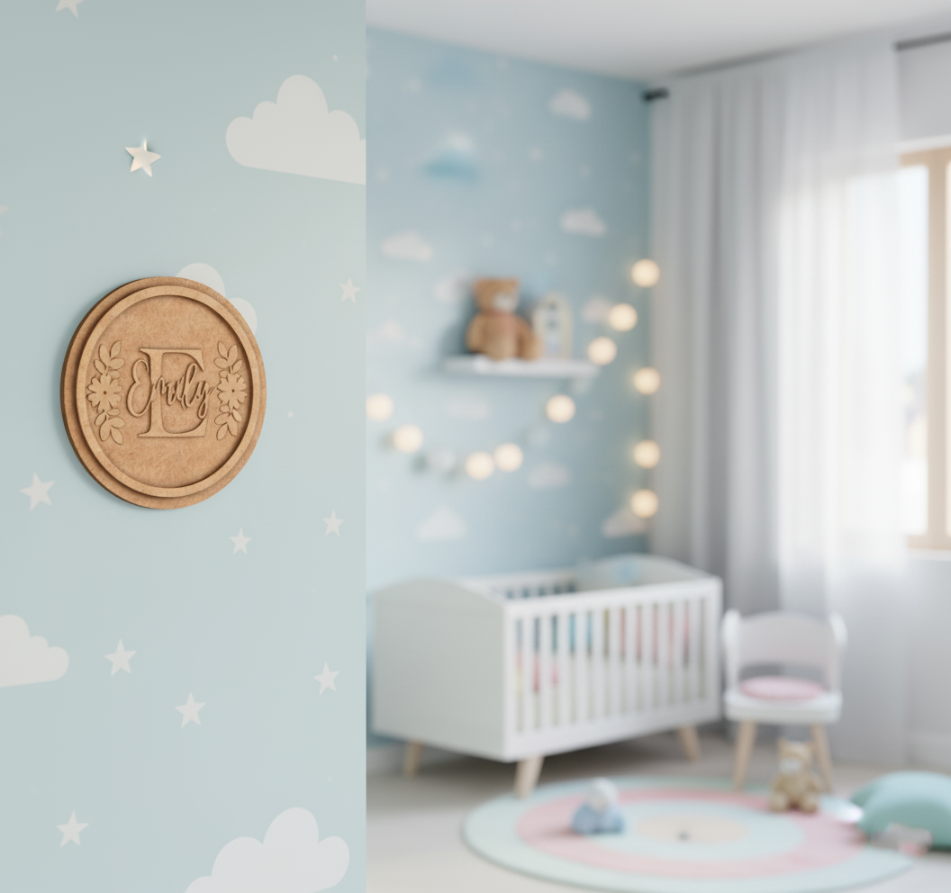 Customized round MDF name plate with floral design and name Emily in orange background.