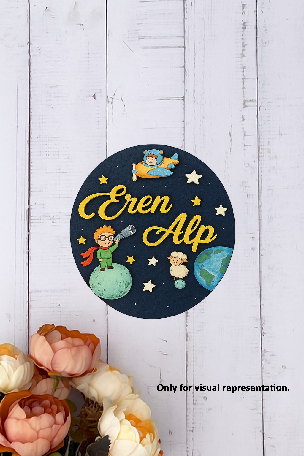 DIY Space-Themed MDF Personalized Name Plate for kids with stars, planets, astronaut, and telescope