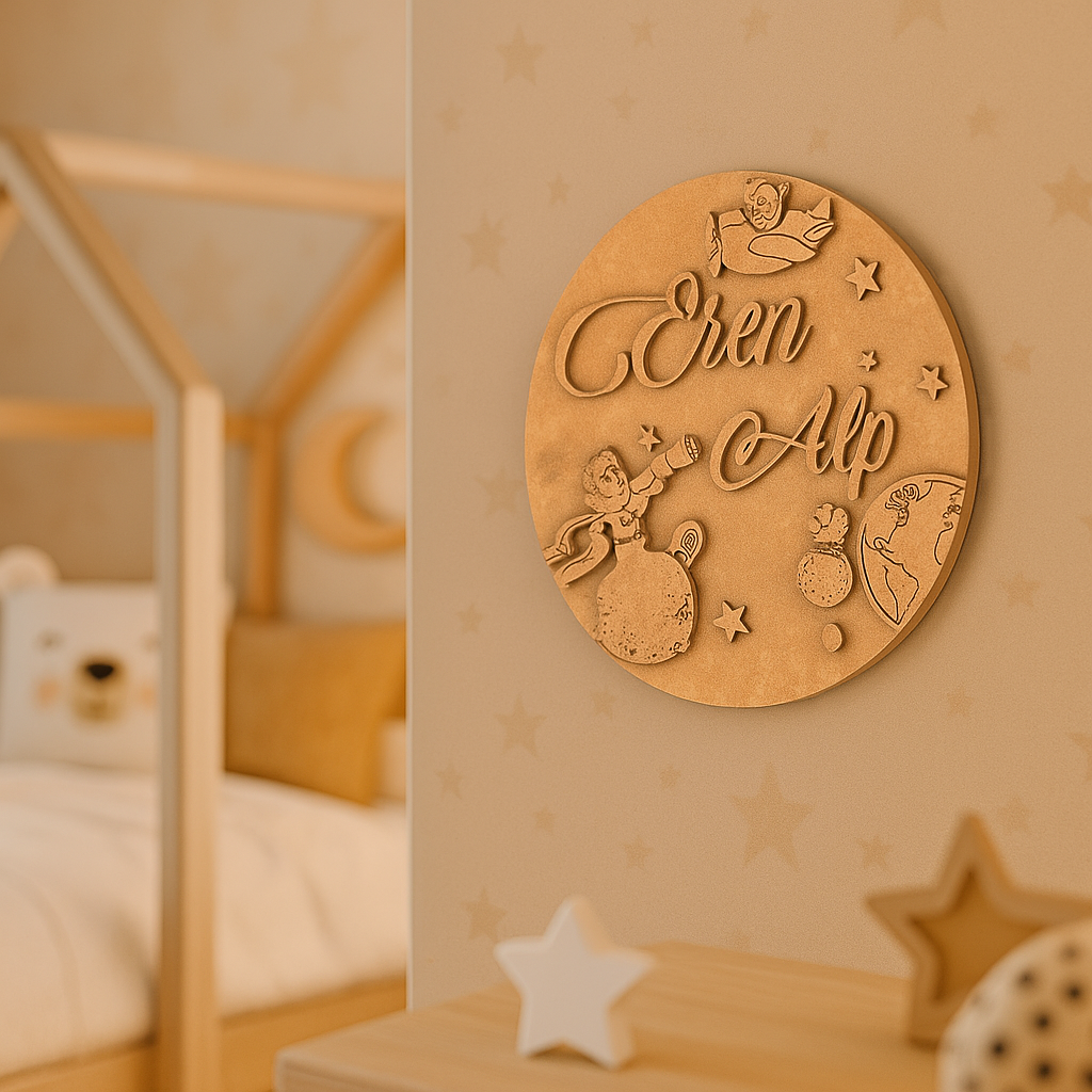 DIY Space-Themed MDF Personalized Name Plate for kids with stars, planets, astronaut, and telescope unpainted.