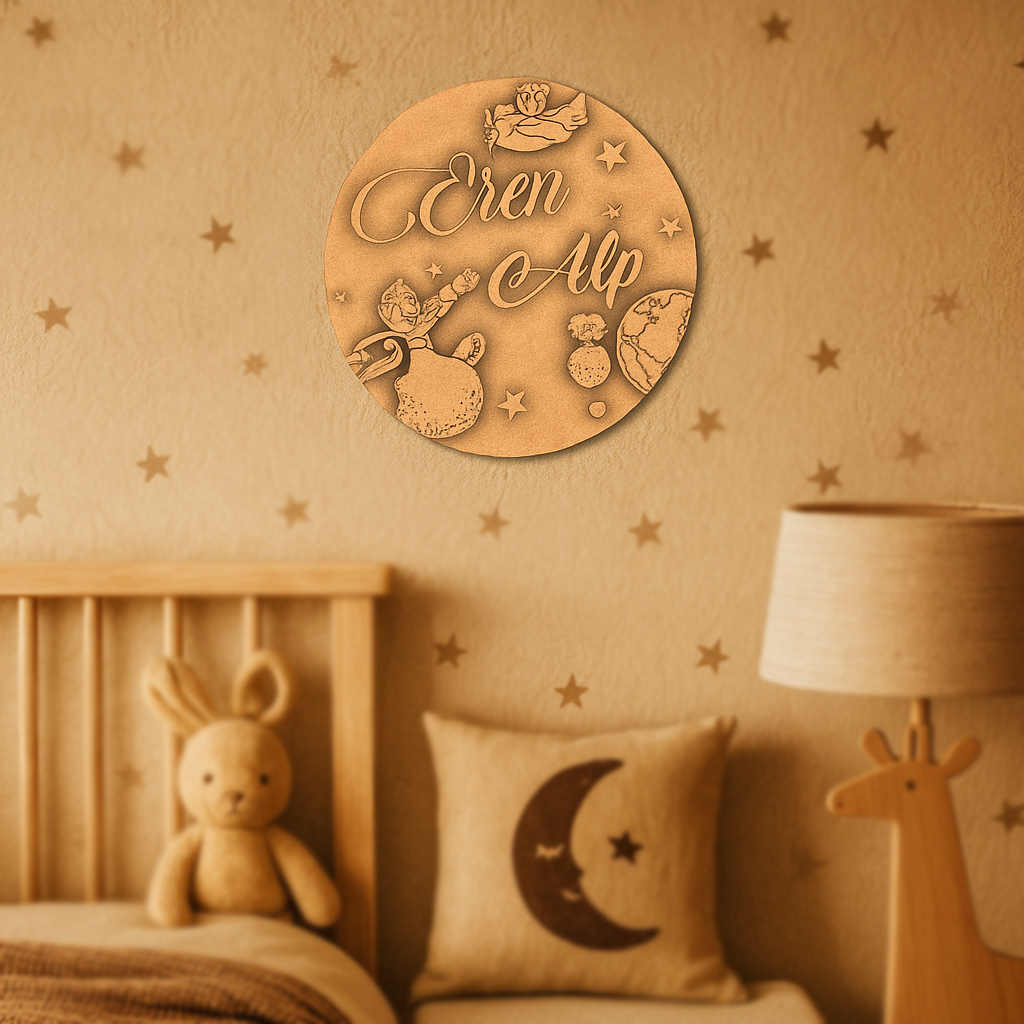 DIY Space-Themed MDF Personalized Name Plate for kids with stars, planets, astronaut, and telescope unpainted.