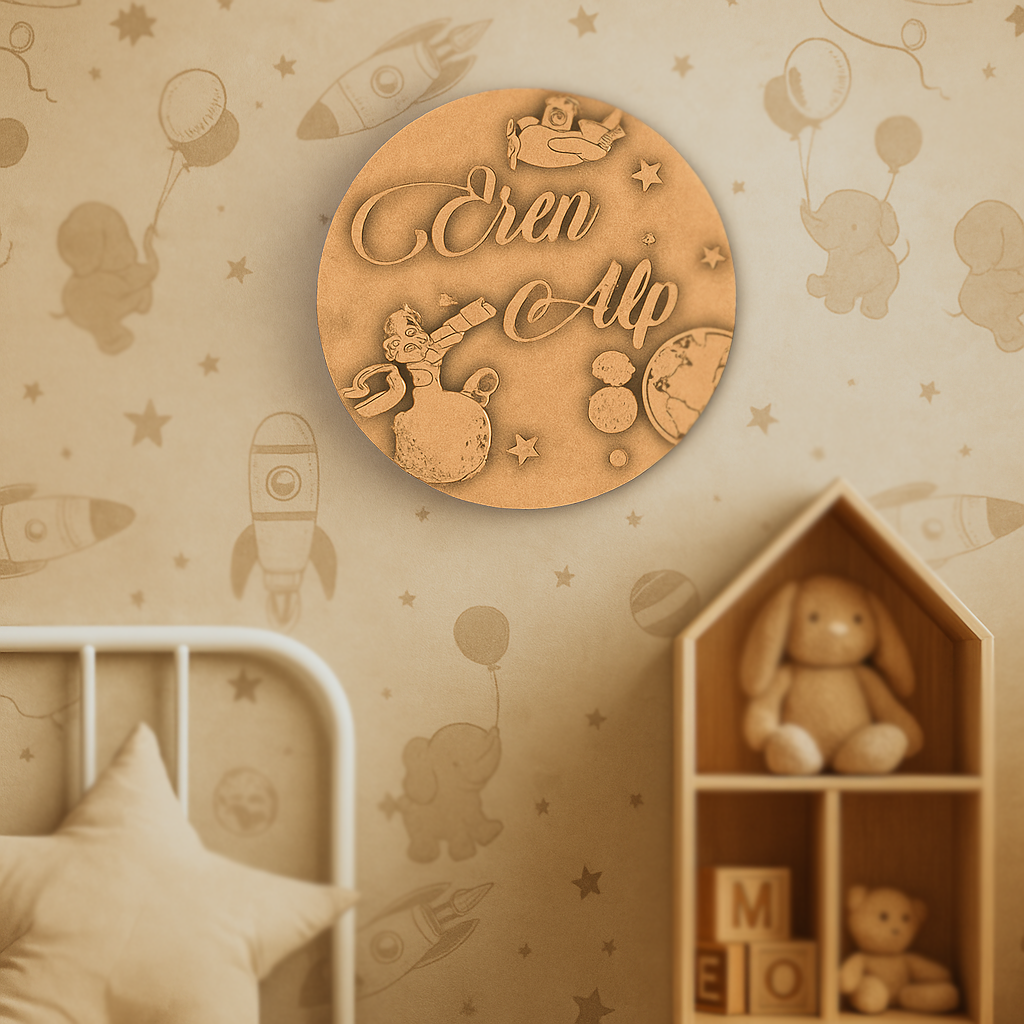 DIY Space-Themed MDF Personalized Name Plate for kids with stars, planets, astronaut, and telescope unpainted.