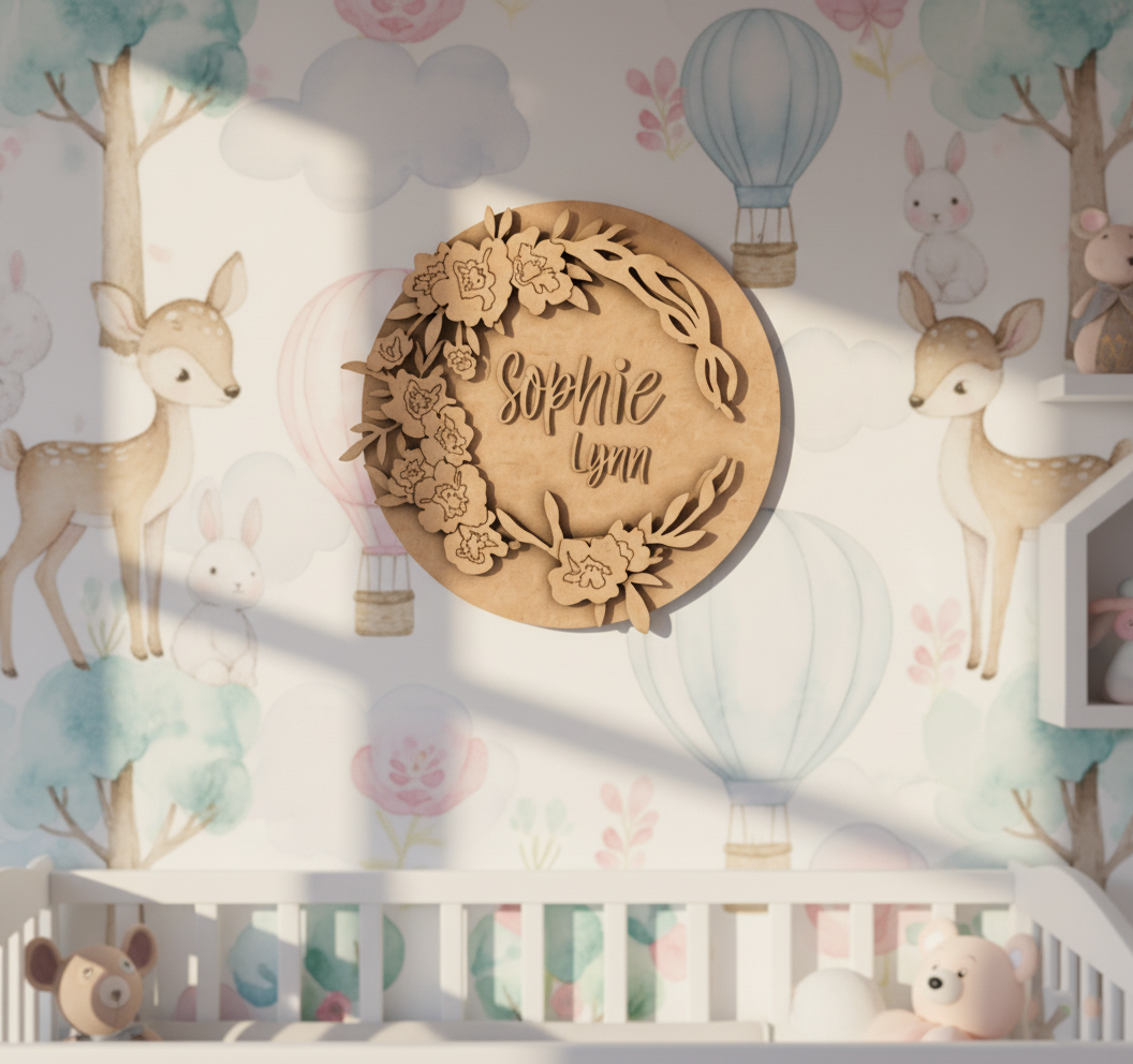 Painted MDF round floral name plate with custom name “Sophie Lynn.” unpainted.