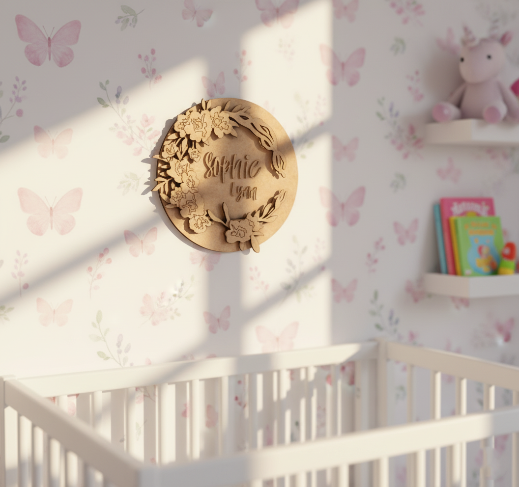 Painted MDF round floral name plate with custom name “Sophie Lynn.” unpainted.