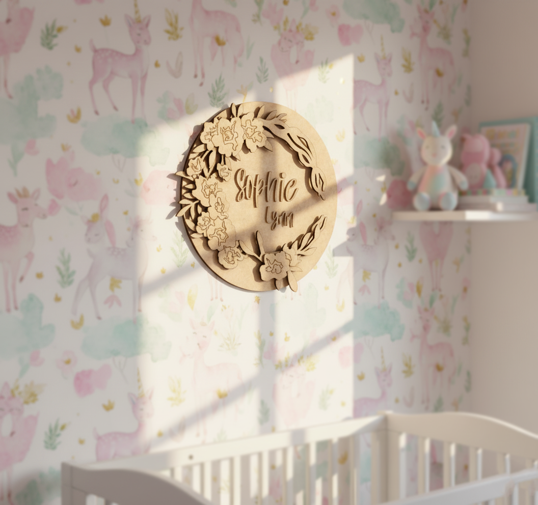 Painted MDF round floral name plate with custom name “Sophie Lynn.” unpainted.