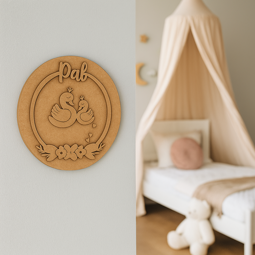 DIY MDF Name Plate with Swan and Floral Theme – Round Craft Base for Kids Room unpainted.