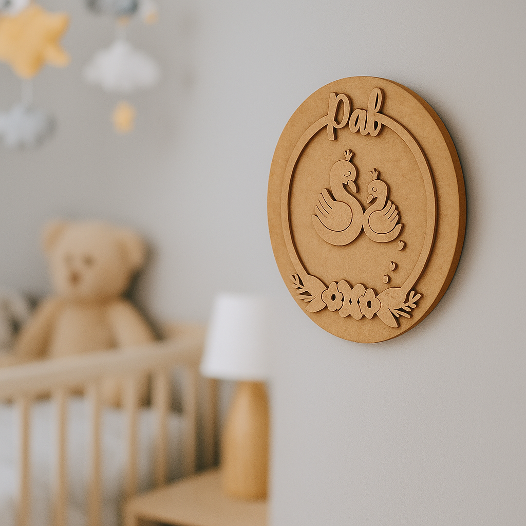 DIY MDF Name Plate with Swan and Floral Theme – Round Craft Base for Kids Room unpainted.