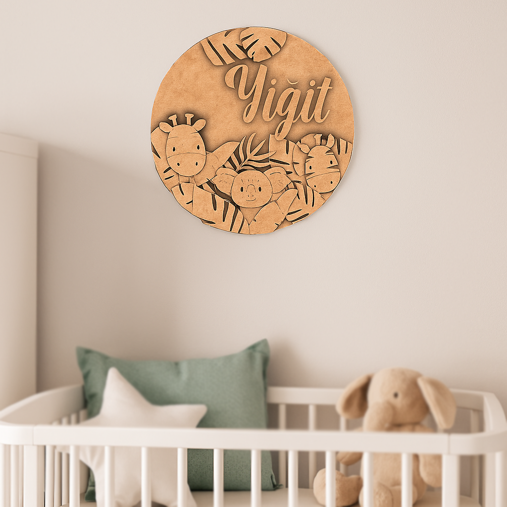 Plain MDF engraved base with jungle animals design for DIY uncoloring.