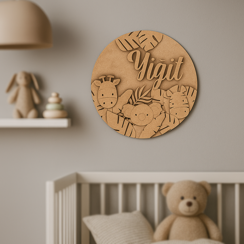 Plain MDF engraved base with jungle animals design for DIY uncoloring.