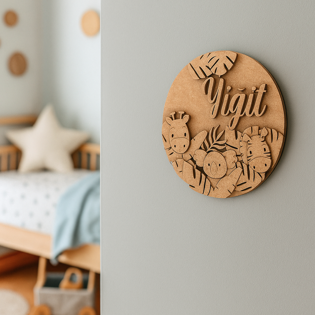 Plain MDF engraved base with jungle animals design for DIY uncoloring.