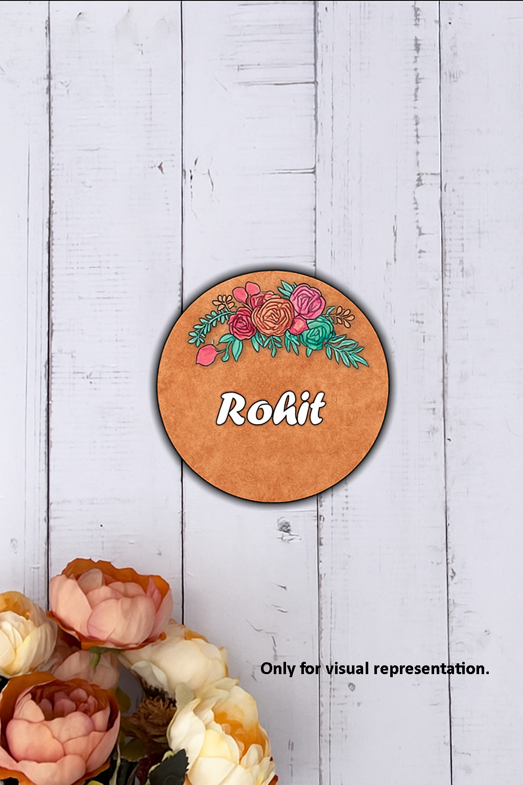 Personalized MDF floral name plate with engraved flower design and custom name 