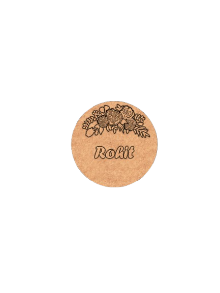 Personalized MDF floral name plate with engraved flower design and custom name unpainted