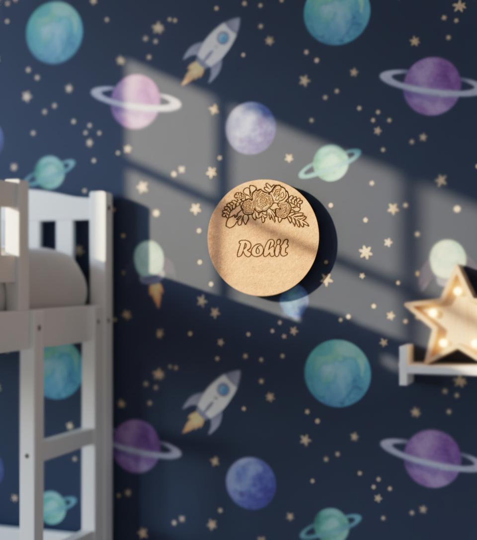 Personalized MDF floral name plate with engraved flower design and custom name unpainted.