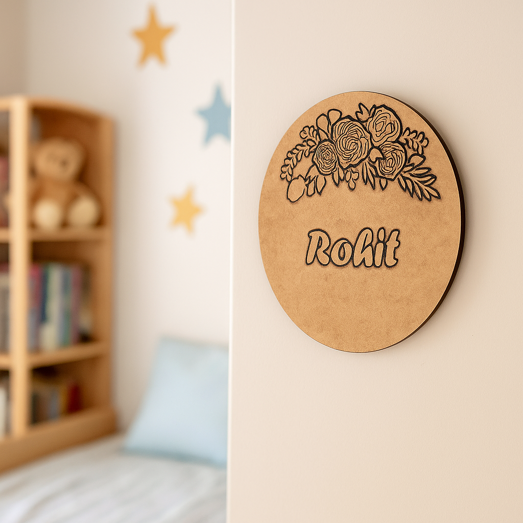 Personalized MDF floral name plate with engraved flower design and custom name unpainted.